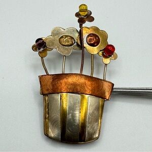 Artisan Copper Brass Flower Pot Brooch Mixed Metal Floral Pin Handmade